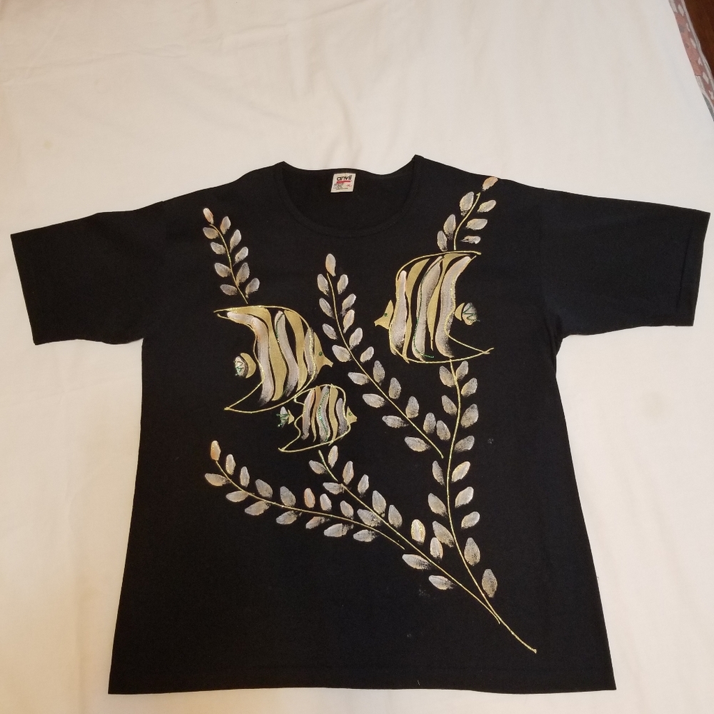 Hand Painted Tshirt Women's XL Tropical Fish